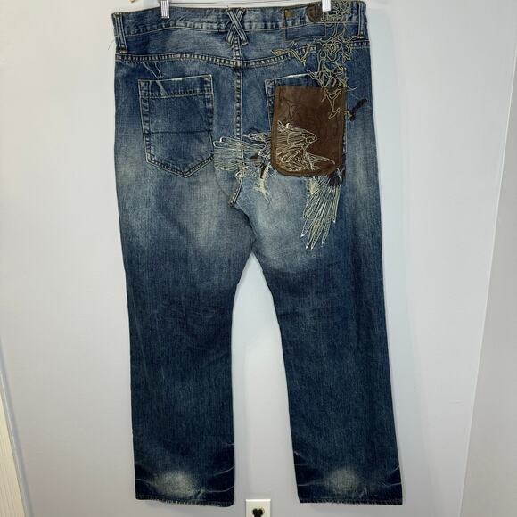 Artful Dodger Baggy Mens Bird Of Prey Embroidered Jeans Straight Wide Y2K 40x34 - Picture 6 of 12
